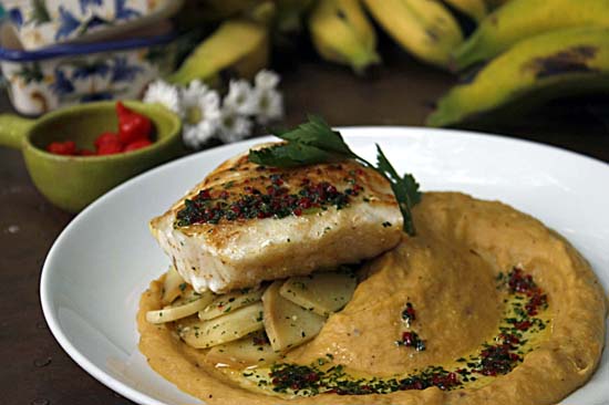 Filet Alto de Peixe Branco Grelhado com purê de banana da terra caramelizada e Palmito pupunha