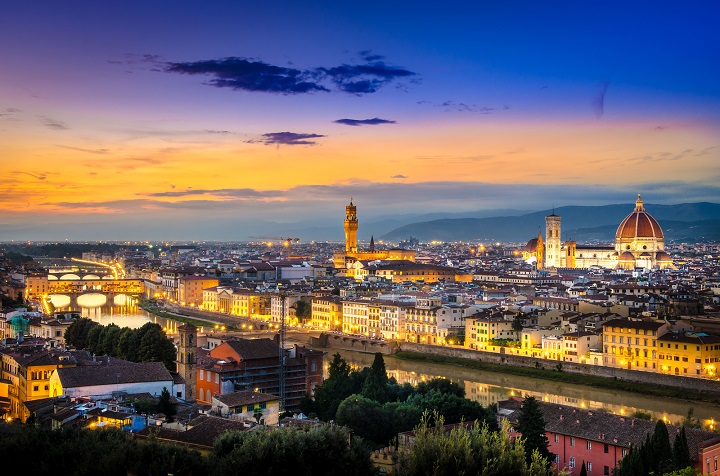 Scenic View Of Florence After Sunset From Piazzale Michelangelo