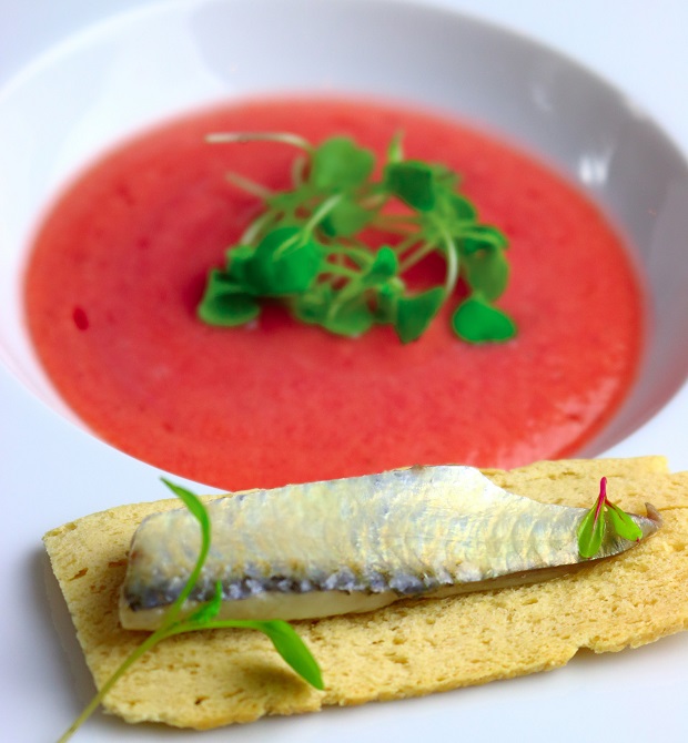 Gazpacho de frutos rojos e crocante de sardinha