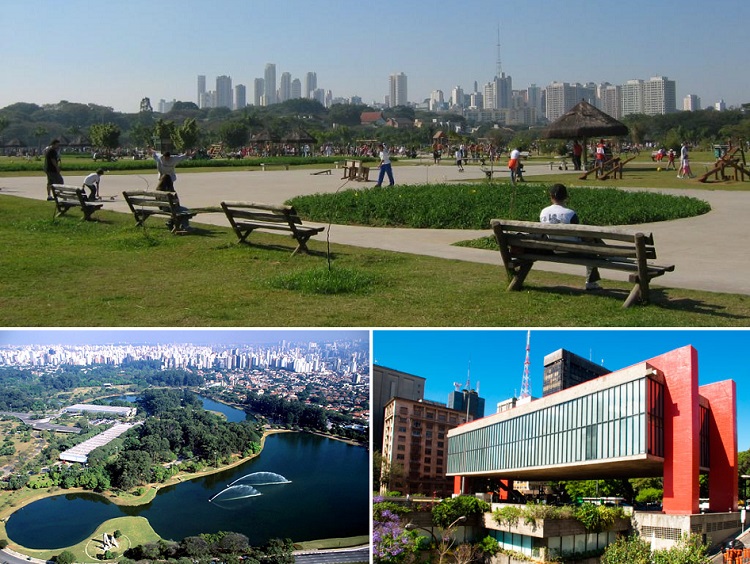 Parque Villa Lobos (foto de cima), Parque Ibirapuera (esquerda da tela) e MASP.