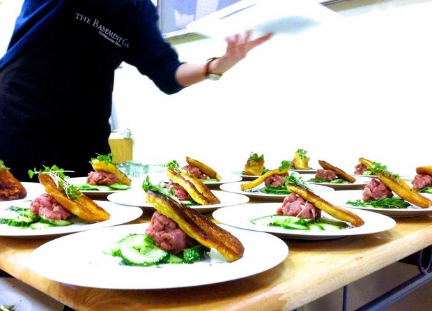 South African Beef Filet Tartare, Sautéed Brioche, Cucumber & Cress Salad