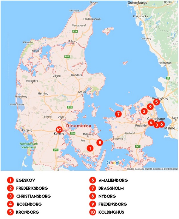 mapa castelos dinamarca